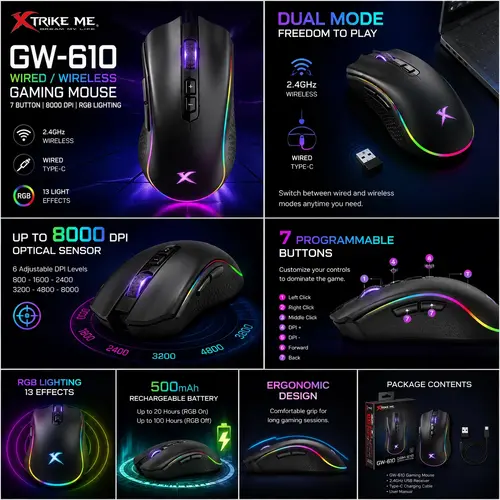 Xtrike ME безжична геймърска мишка Gaming Mouse Wireless GW-610 - image 5
