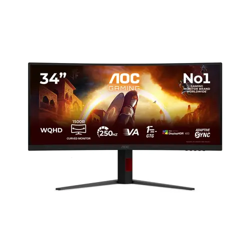 Монитор, AOC CU34G4ZCA, 34" Curved 1500R, Fast VA, WLED, 3440x1440@250Hz, 1ms GtG, 0.3ms MPRT, 450cd m/2, 3000:1, Adaptive Sync, FlickerFree, Low Blue Light, Tilt, Height Adjust, Swivel, 2xHDMI, DP, USB hub