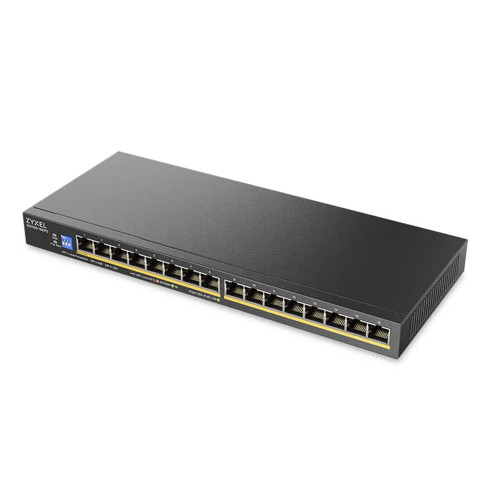 Комутатор, ZyXEL GS1100-16EPS Slimline Unmanaged + PoE+ 135W 16 port Gigabit Unmanaged + Switch