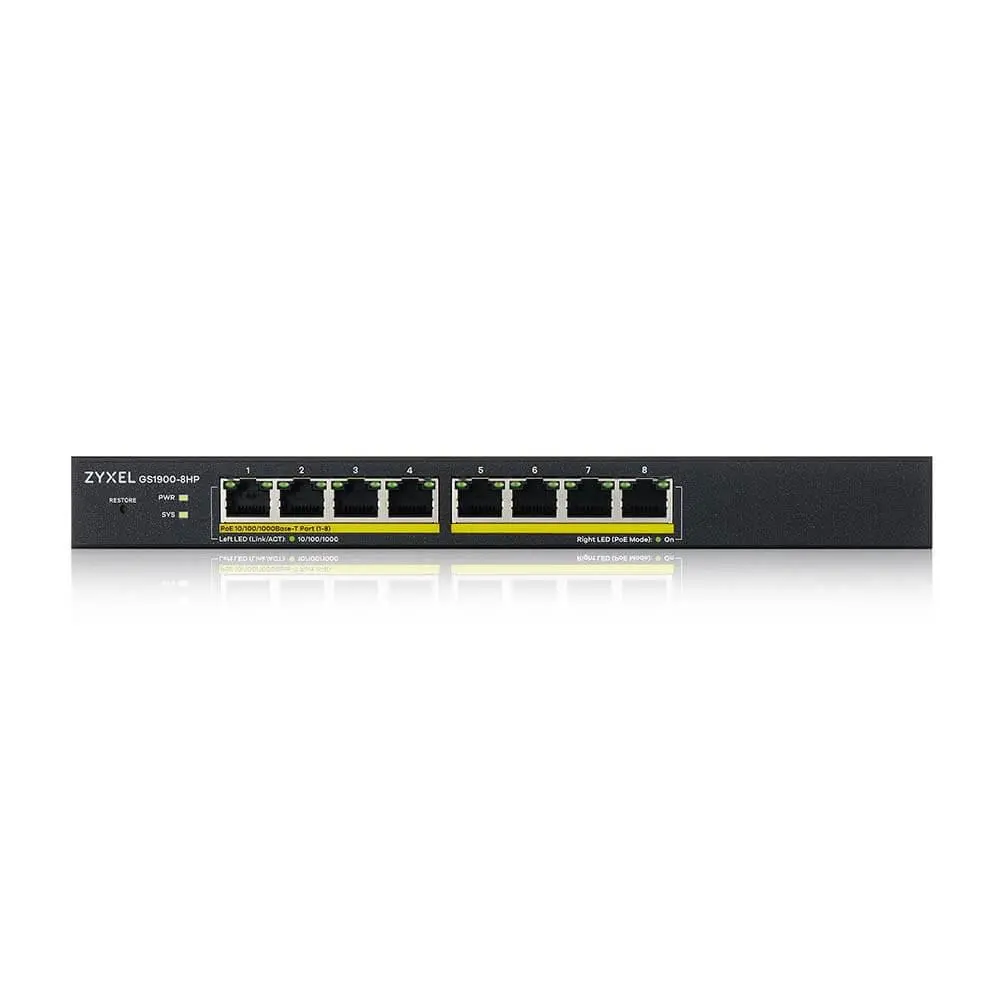 Switch, ZyXEL GS1900-8HP, Smart Switch GbE L2 PoE 8 θυρών, 802.3at, επιτραπέζιο, χωρίς ανεμιστήρα, 70 Watt