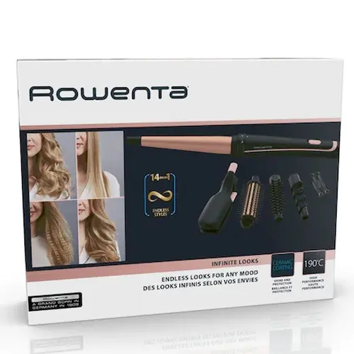Маша, Rowenta CF4231F0 Multi Styler Infinite looks 14 in 1, conical, monotemp, accessories: conical curling wand, 2 in 1 straightening and crimping plates, eliptic waving wand, cool tip, pouch, heating indicator, heat-up time 60s, hanging loop - image 6