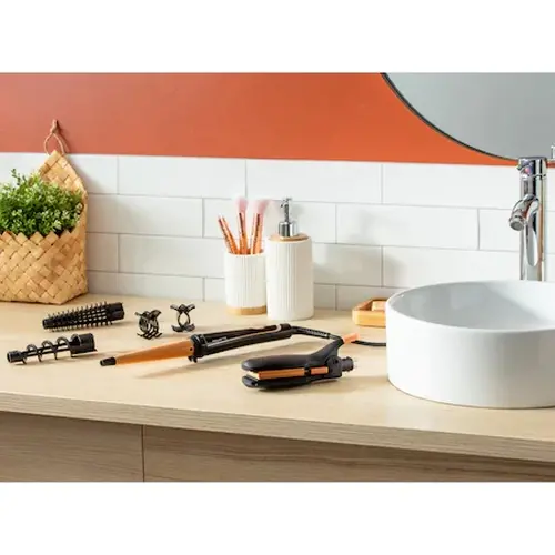 Маша, Rowenta CF4231F0 Multi Styler Infinite looks 14 in 1, conical, monotemp, accessories: conical curling wand, 2 in 1 straightening and crimping plates, eliptic waving wand, cool tip, pouch, heating indicator, heat-up time 60s, hanging loop - image 7