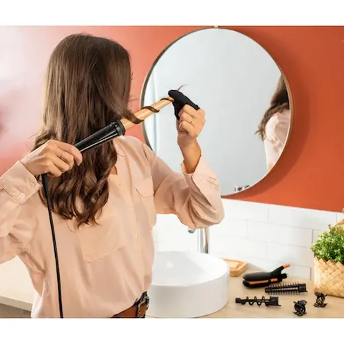 Маша, Rowenta CF4231F0 Multi Styler Infinite looks 14 in 1, conical, monotemp, accessories: conical curling wand, 2 in 1 straightening and crimping plates, eliptic waving wand, cool tip, pouch, heating indicator, heat-up time 60s, hanging loop - image 8