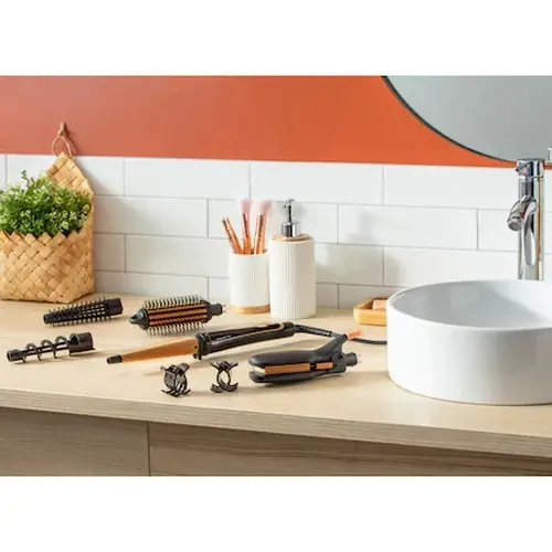 Маша, Rowenta CF4231F0 Multi Styler Infinite looks 14 in 1, conical, monotemp, accessories: conical curling wand, 2 in 1 straightening and crimping plates, eliptic waving wand, cool tip, pouch, heating indicator, heat-up time 60s, hanging loop - image 9