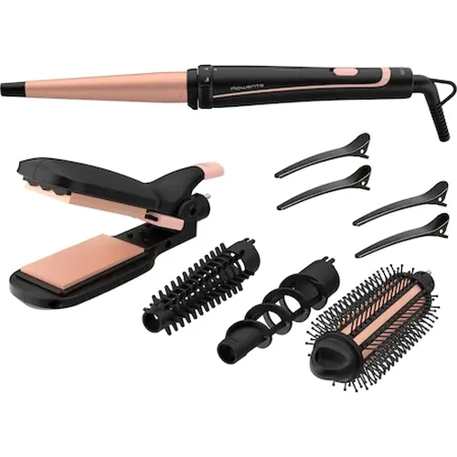 Маша, Rowenta CF4231F0 Multi Styler Infinite looks 14 in 1, conical, monotemp, accessories: conical curling wand, 2 in 1 straightening and crimping plates, eliptic waving wand, cool tip, pouch, heating indicator, heat-up time 60s, hanging loop