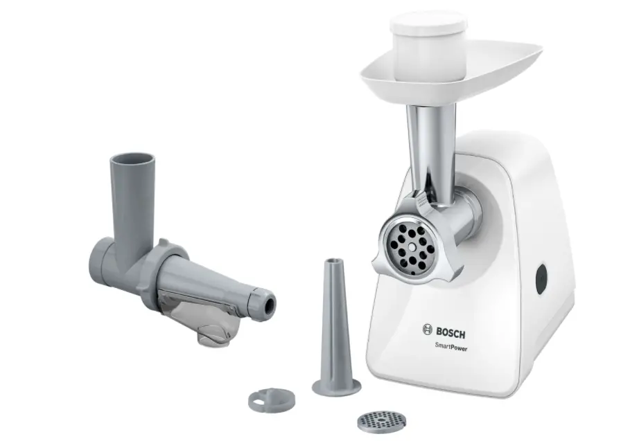 Mașină de tocat carne, Bosch MFW2515W, Mașină de tocat carne SmartPower din gama SmartPower: 1500W, 1,7 kg/min, 2 site, 1 accesoriu pentru cârnați