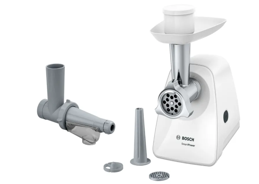 Месомелачка, Bosch MFW2515W, Meat mincer, SmartPower Meat mincer from SmartPower range: 1500W, 1,7 kg/min, 2 sieves, 1 sausage horn, fruit press attachment, no reverse, white