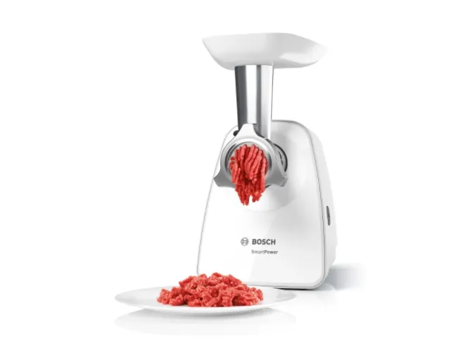 Месомелачка, Bosch MFW2515W, Meat mincer, SmartPower Meat mincer from SmartPower range: 1500W, 1,7 kg/min, 2 sieves, 1 sausage horn, fruit press attachment, no reverse, white - image 1