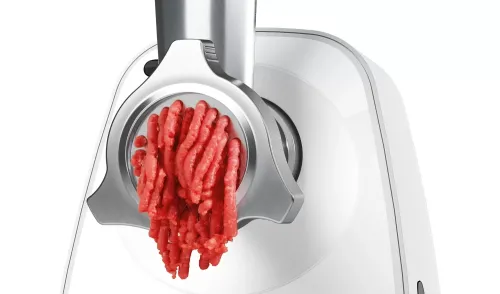 Месомелачка, Bosch MFW2515W, Meat mincer, SmartPower Meat mincer from SmartPower range: 1500W, 1,7 kg/min, 2 sieves, 1 sausage horn, fruit press attachment, no reverse, white - image 4