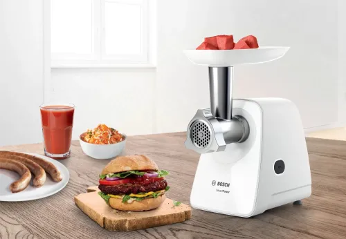 Месомелачка, Bosch MFW2515W, Meat mincer, SmartPower Meat mincer from SmartPower range: 1500W, 1,7 kg/min, 2 sieves, 1 sausage horn, fruit press attachment, no reverse, white - image 9