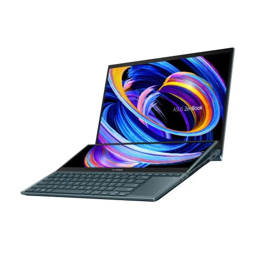 Лаптоп, Asus Zenbook Pro Duo 15 OLED UX582ZW-OLED-H941X, Screen Pad Plus, Intel Core i9-12900H 3.8 GHz(24M Cache,up to 5.0 GHz,14 cores),32GB DDR5 on BD.,1TB PCIe4.0 Perf. SSD,NVIDIA GeForce RTX 3070 Ti 8GB, WiFi 6.0, Illum.Kb.,Win 11 Pro 64, Celestial Blue