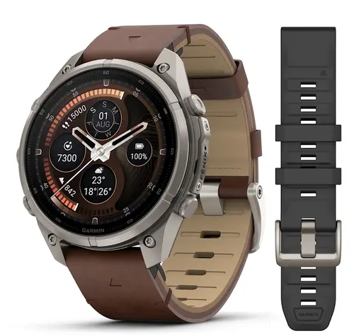 Garmin fēnix® 9 Pro, inReach® - 47 мм - Titanium с walnut кожена каишка и pebble gray/silver gray силиконова каишка 010-04336-41 Garmin fēnix® 9 Pro, inReach® - 47 мм - Titanium с walnut кожена каишка и pebble gray/silver gray силиконова каишка 010-04336-41