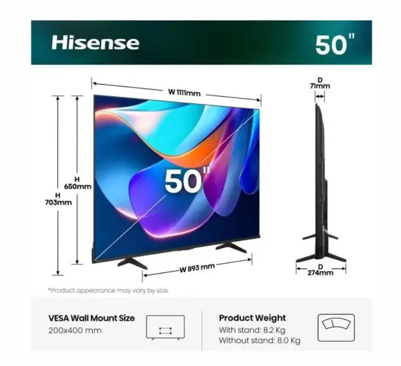Телевизор, Hisense 50" A6S, 4K Ultra HD 3840x2160, DLED, DFA, Precision Colour, HDR 10+, HLG, Dolby Vision,Light sensor, Smart TV, WiFi, BT, AnyView Cast, Gaming Mode, 1xHDMI2 eArc, 3xHDMI, 2xUSB, LAN, CI+, DVB-T2/C/S2, Black - image 1