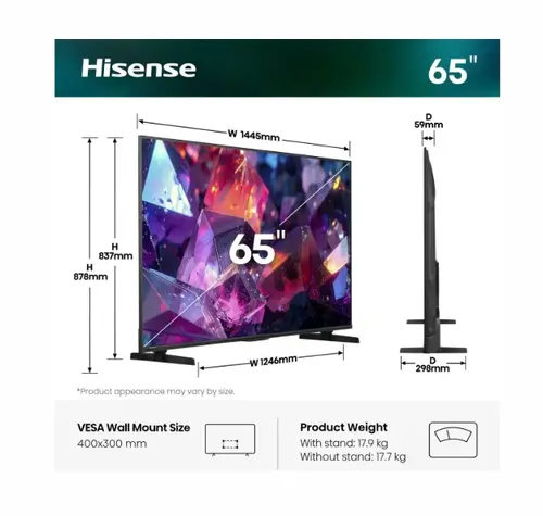 Телевизор, Hisense 65" E7S Pro, 4K Ultra HD 3840x2160, QLED, Quantum Dot, 144Hz, HDR 10+ adaptive, HLG, Dolby Vision, DTS Virtual X, Smart TV, WiFi 5GHz, WiFi Direct, BT, Anyview Cast, 4xHDMI, 2xUSB, LAN, CI+, DVB-T2/C/S2, Black - 2