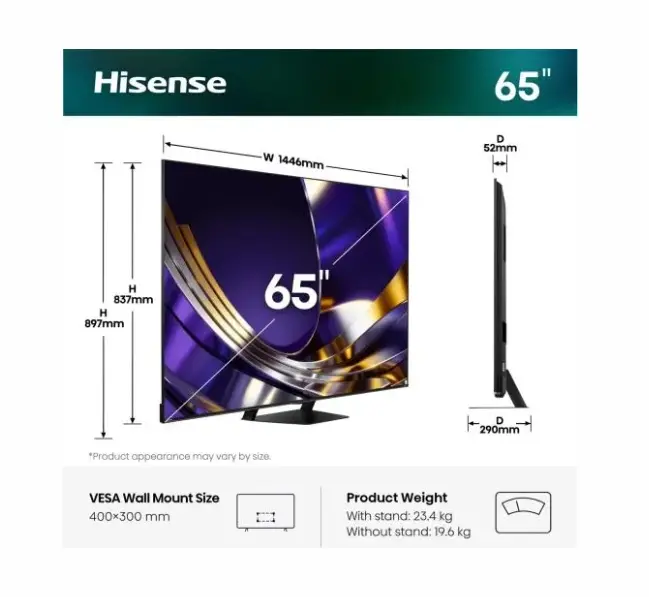 Телевизор, Hisense 65"U7S Pro, 4K Ultra HD 3840x2160, ULED, FALD, Quantum Dot, 165Hz, IPS, HDR 10+, HLG, Dolby Vision IQ, Dolby Atmos, Smart TV, WiFi 5GHz, WiFi Direct, BT, Anyview Cast,light sensor,Solar Powered Remote, 4xHDMI, 2xUSB, LAN, CI+, DVB-T2/C/S2, Black - image 1