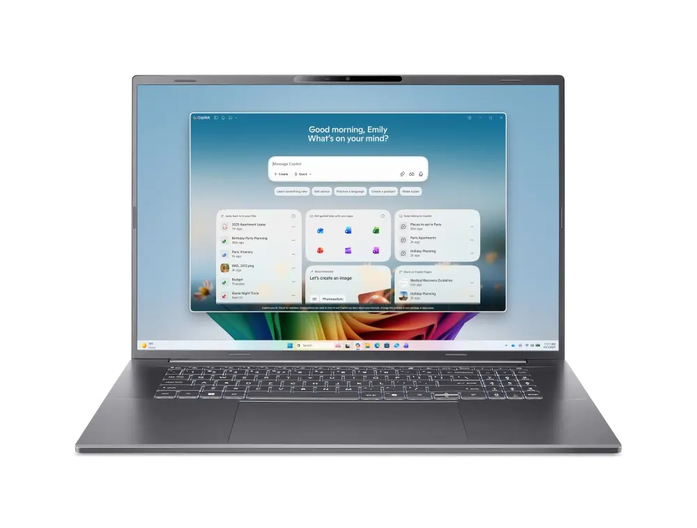 Лаптоп, Acer Aspire A18-I71M-74W1, Intel Core Ultra 7 355( up to 4.70GHz, 12MB), 18" WUXGA (1920x1200) IPS 165Hz, 400 nits, 16GB LPDDR5X on board, 512GB NVMe SSD, Intel Graphics, Wi-Fi 7, BT 5.4, FHD + IR Cam, Thunderbolt 4, KB Backlit, Win 11 Home, no adapter - image 1