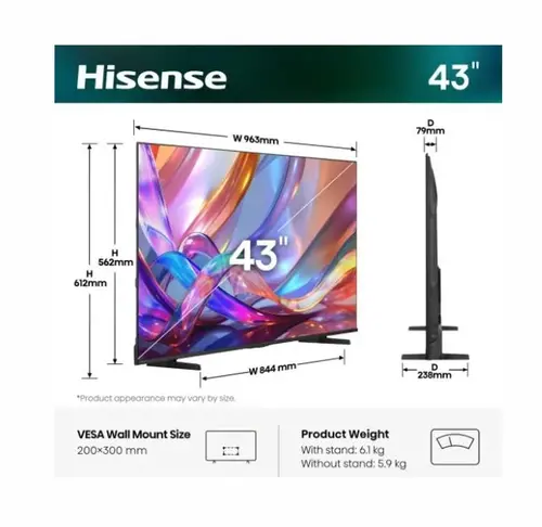 Телевизор, Hisense 43" E7S, 4K Ultra HD 3840x2160, QLED, Quantum Dot, HDR 10+, HLG, Dolby Vision, Light Sensor, Smart TV, WiFi 5GHz, WiFi Direct, BT, Anyview Cast, 3xHDMI, 2xUSB, LAN, CI+, DVB-T2/C/S2, Black - 2