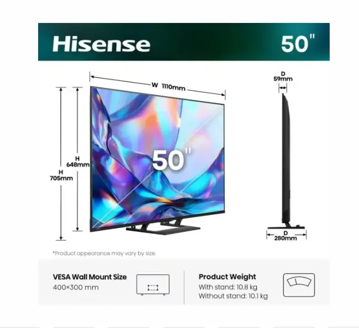 Телевизор, Hisense 50" A7S, 4K Ultra HD 3840x2160, QLED, FALD, Quantum Dot, HDR 10+, HLG, Dolby Vision, Dolby Atmos, Smart TV, WiFi 5GHz, WiFi Direct, BT, Anyview Cast, 3xHDMI, 2xUSB, LAN, CI+, DVB-T2/C/S2, Black - image 1