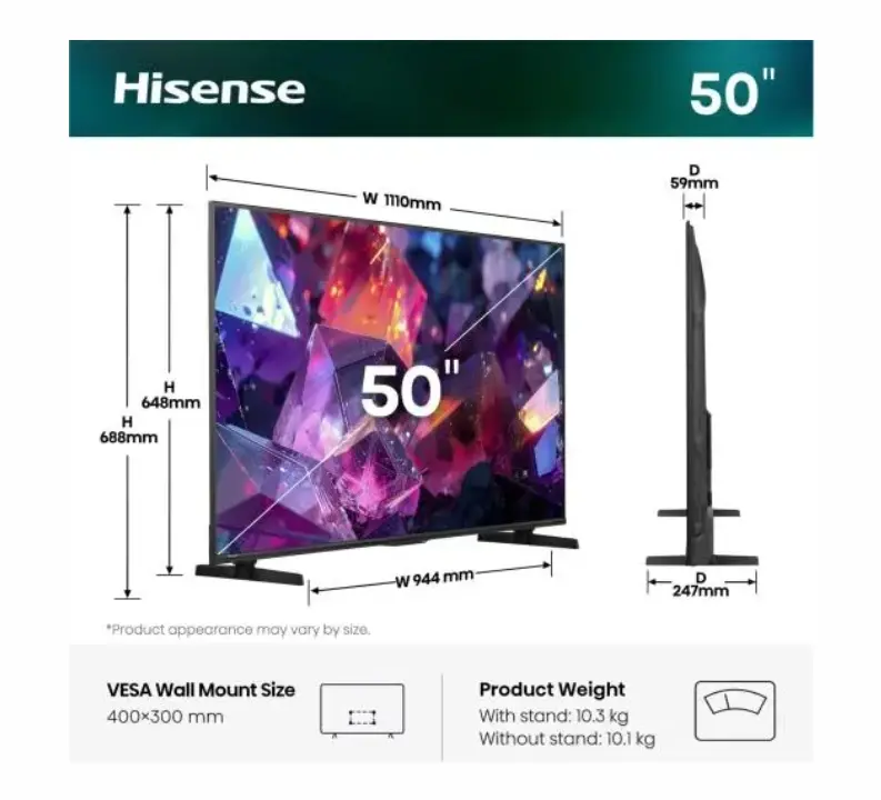 Телевизор, Hisense 50" E7S Pro, 4K Ultra HD 3840x2160, QLED, Quantum Dot, 144Hz, HDR 10+ adaptive, HLG, Dolby Vision, DTS Virtual X, Smart TV, WiFi 5GHz, WiFi Direct, BT, Anyview Cast, 4xHDMI, 2xUSB, LAN, CI+, DVB-T2/C/S2, Black - image 1