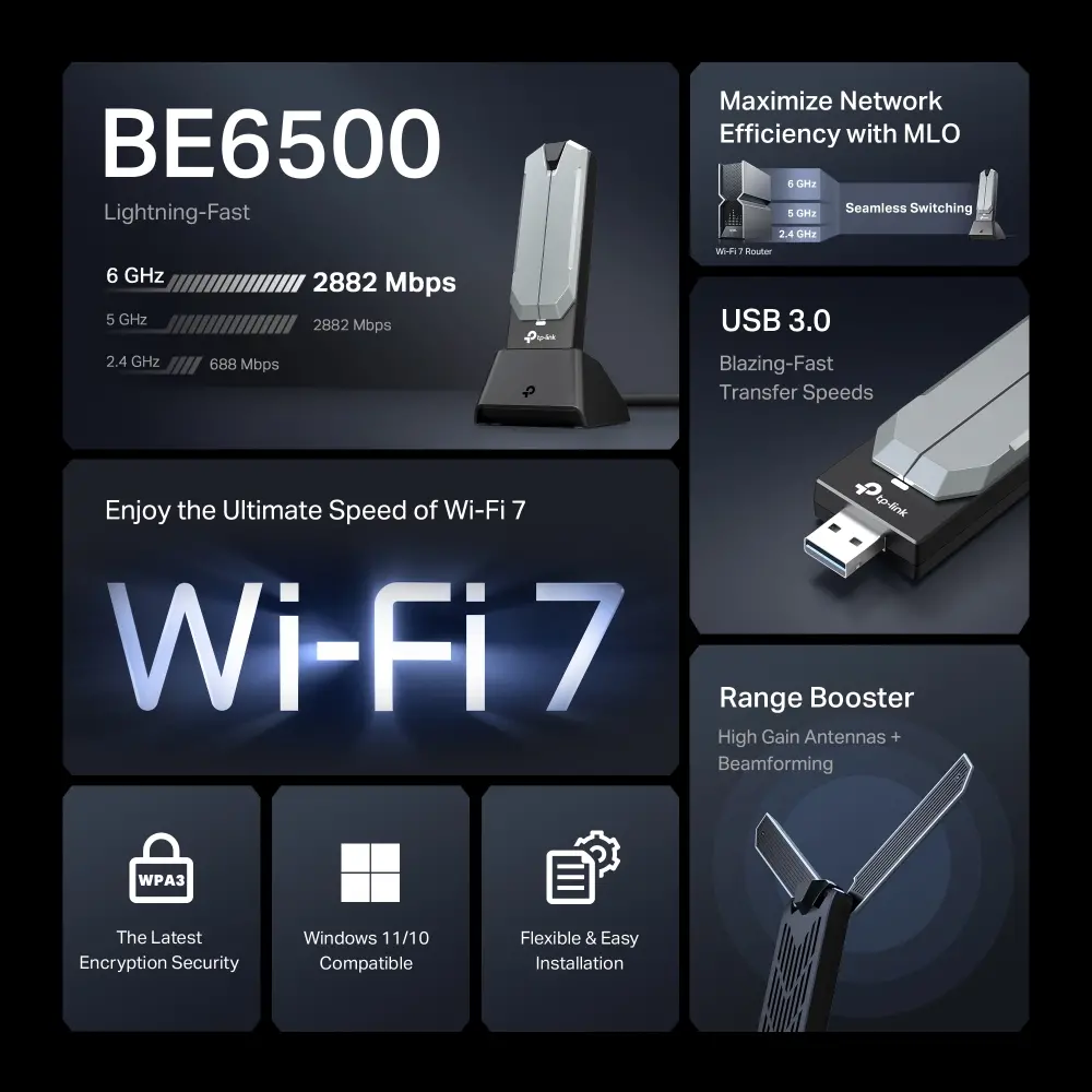 Безжичен адаптер TP-LINK Archer TBE400U, BE6500, Wi-Fi 7,USB 3.0 - image 3