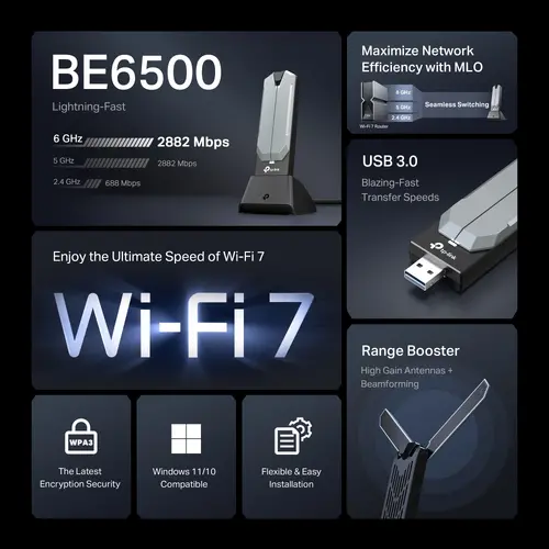Безжичен адаптер TP-LINK Archer TBE400U, BE6500, Wi-Fi 7,USB 3.0 - 4