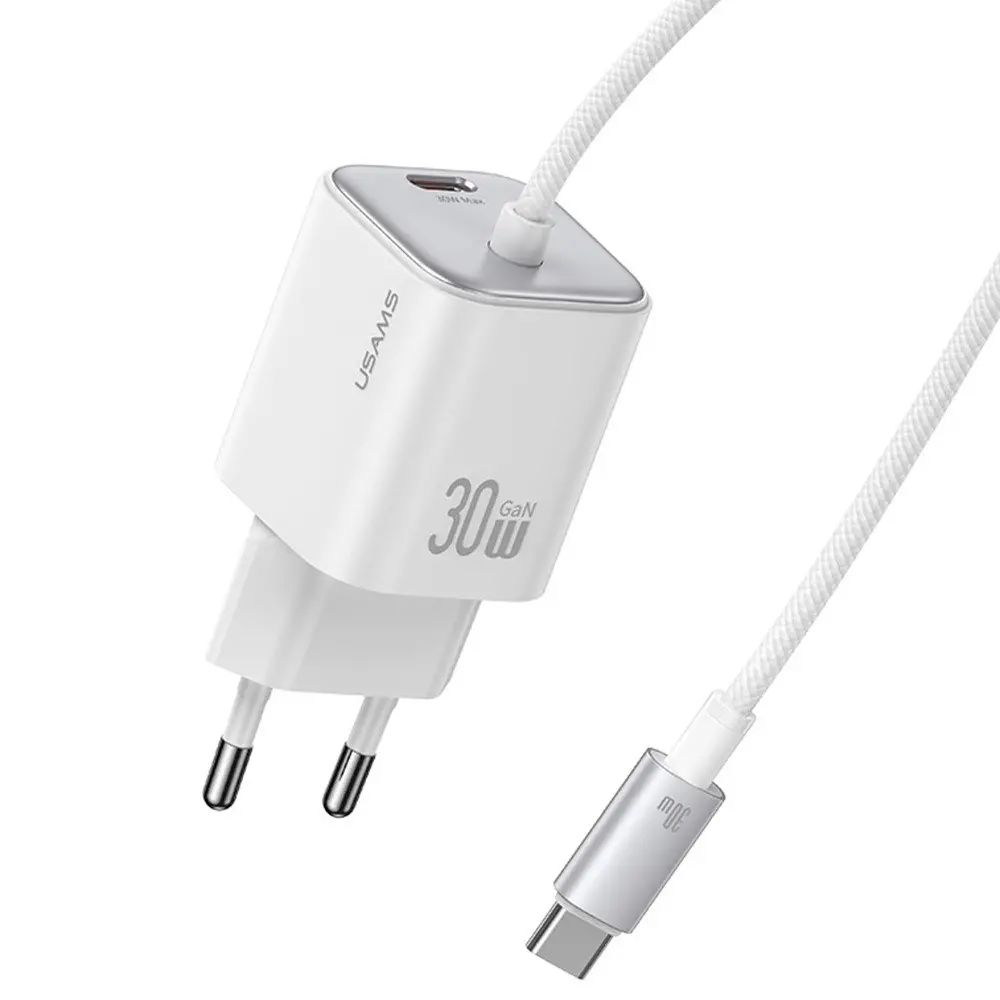 Γρήγορος φορτιστής USAMS CC264 30W GaN Mini με δύο θύρες και καλώδιο, λευκός