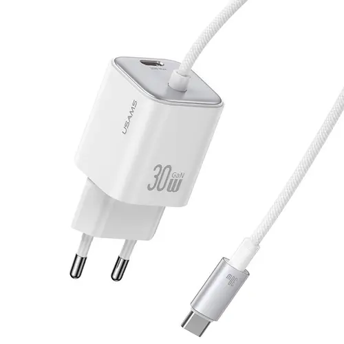 Бързо зарядно устройство USAMS CC264 30W GaN Mini Dual-port Fast Charger With Cable, бяло - 1