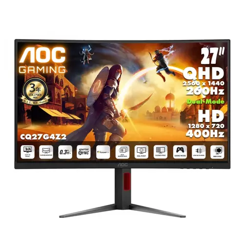 Οθόνη, AOC CQ27G4Z2, 27" Κυρτή 1500R, Fast VA, WLED, 2560x1440@260Hz (OC, Native 240Hz), 1ms GtG, 0.5ms MPRT, 400cd m/2, 3000:1, 80M:1 DCR, Adaptive - 1