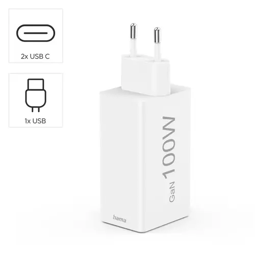HAMA Комплект Бързо зарядно и кабел за зареждане, 100 W GaN, 2x USB-C PD, 1x USB-A QC - 10