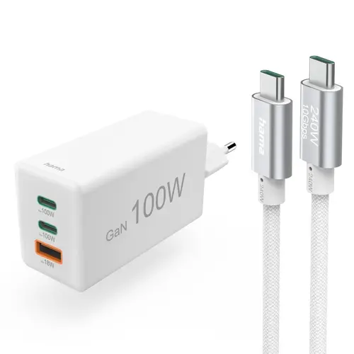 HAMA Комплект Бързо зарядно и кабел за зареждане, 100 W GaN, 2x USB-C PD, 1x USB-A QC - 1