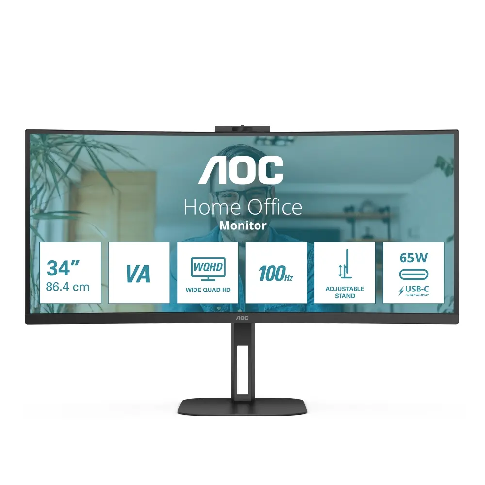 Монитор, AOC CU34V5CW/BK, 34" Curved 1500R, VA, WLED, 3440x1440@100Hz, 4ms GtG, 1ms MPRT, 300cd m/2, 3000:1, 20M:1 DCR, Adaptive Sync, FreeSync, Low Blue Light, 5Wx2, 2MP Webcam, Tilt, Height Adjust, Swivel, HDMI, DP, USB hub