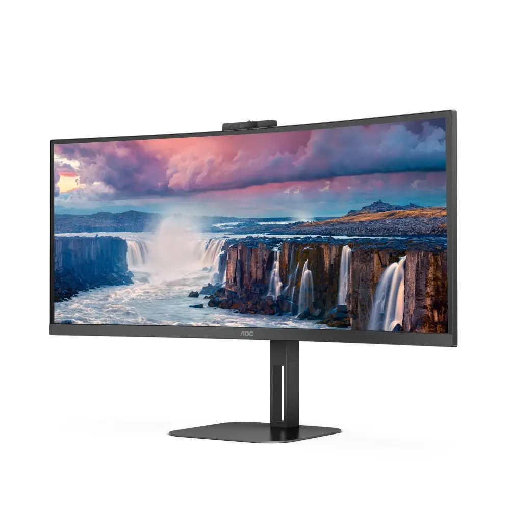 Монитор, AOC CU34V5CW/BK, 34" Curved 1500R, VA, WLED, 3440x1440@100Hz, 4ms GtG, 1ms MPRT, 300cd m/2, 3000:1, 20M:1 DCR, Adaptive Sync, FreeSync, Low Blue Light, 5Wx2, 2MP Webcam, Tilt, Height Adjust, Swivel, HDMI, DP, USB hub - image 1