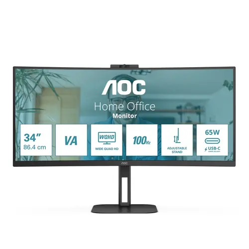Монитор, AOC CU34V5CW/BK, 34" Curved 1500R, VA, WLED, 3440x1440@100Hz, 4ms GtG, 1ms MPRT, 300cd m/2, 3000:1, 20M:1 DCR, Adaptive Sync, FreeSync, Low Blue Light, 5Wx2, 2MP Webcam, Tilt, Height Adjust, Swivel, HDMI, DP, USB hub - 1