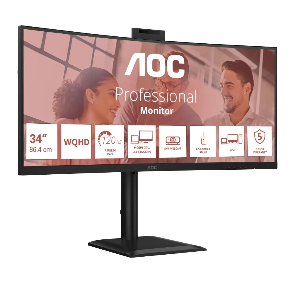 Монитор, AOC CU34E4CW, 34" Curved 1500R, VA, WLED, 3440x1440@120Hz, 4ms GtG, 1ms MPRT, 350cd m/2, 3500:1, 50M:1 DCR, Adaptive Sync, FlickerFree, Anti-Blue Light, 5Wx2, Webcam 5MP, Tilt, Height Adjust, Swivel, 2xHDMI, DP, USB hub, KVM, RJ45 - image 1