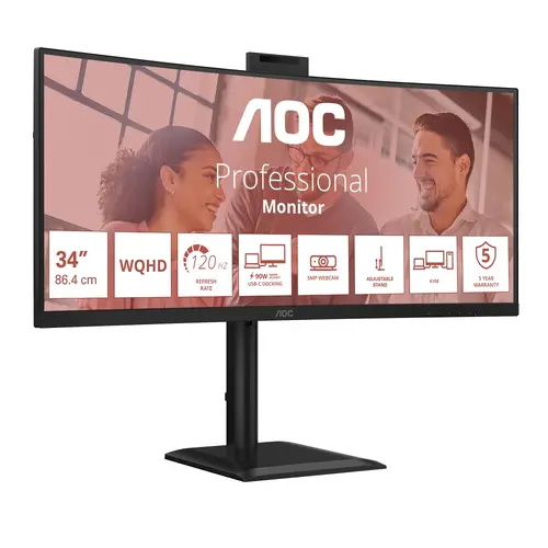 Монитор, AOC CU34E4CW, 34" Curved 1500R, VA, WLED, 3440x1440@120Hz, 4ms GtG, 1ms MPRT, 350cd m/2, 3500:1, 50M:1 DCR, Adaptive Sync, FlickerFree, Anti-Blue Light, 5Wx2, Webcam 5MP, Tilt, Height Adjust, Swivel, 2xHDMI, DP, USB hub, KVM, RJ45 - 2