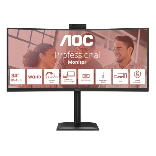 Монитор, AOC CU34E4CW, 34" Curved 1500R, VA, WLED, 3440x1440@120Hz, 4ms GtG, 1ms MPRT, 350cd m/2, 3500:1, 50M:1 DCR, Adaptive Sync, FlickerFree, Anti-Blue Light, 5Wx2, Webcam 5MP, Tilt, Height Adjust, Swivel, 2xHDMI, DP, USB hub, KVM, RJ45 - 1