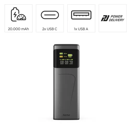 HAMA Външна батерия “High Power”, 65 W, 20000 mAh, 2x USB-C, USB-A, Fast Charging - 11