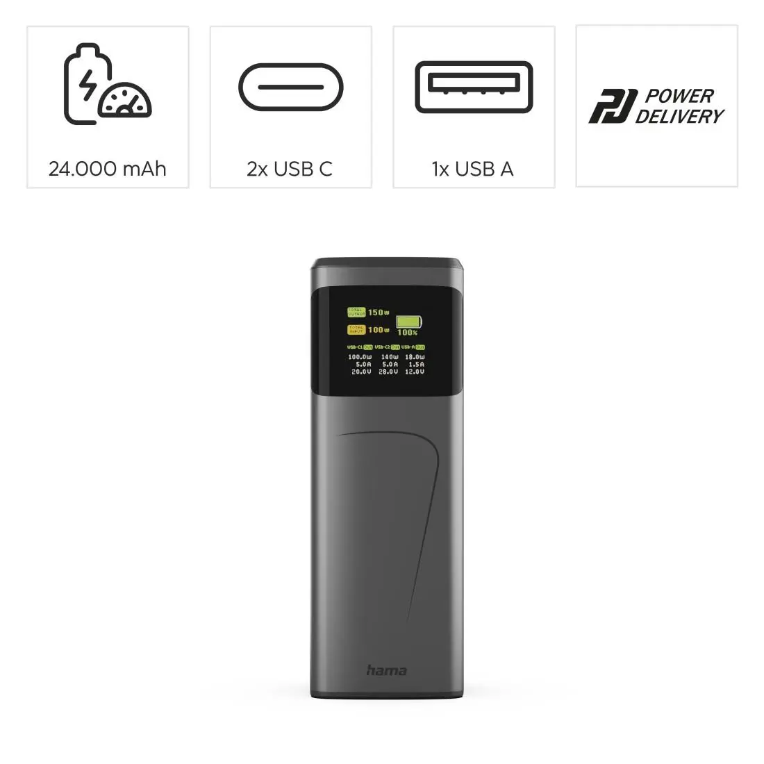 HAMA Външна батерия “High Power”, 150 W, 24000 mAh, 2x USB-C, USB-A, бързо зареждане - image 8