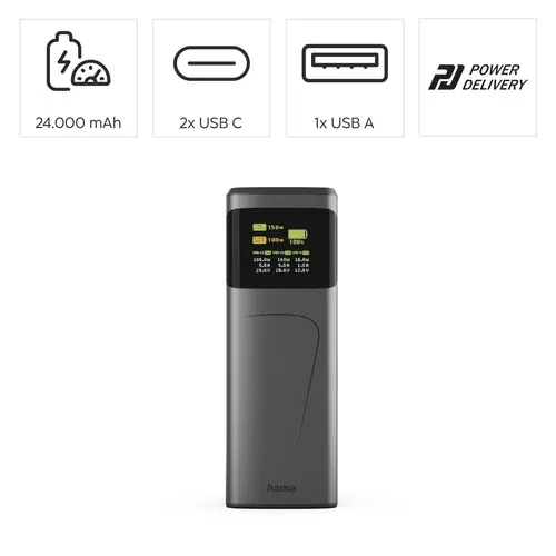 HAMA Външна батерия “High Power”, 150 W, 24000 mAh, 2x USB-C, USB-A, бързо зареждане - 9