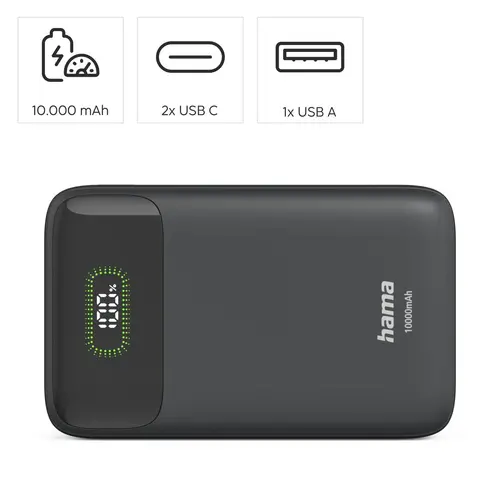 HAMA Външна батерия "PD10-W20", 10000 mAh, 3 изхода: 2 x USB-C, USB-A, Бързо зареждане - 8
