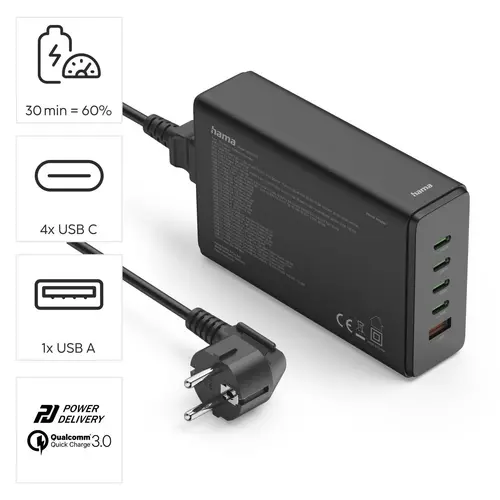 HAMA Зарядна станция 240 W, GaN, Fast Charger, 4 x USB-C, 1 x USB-A, PD - 13