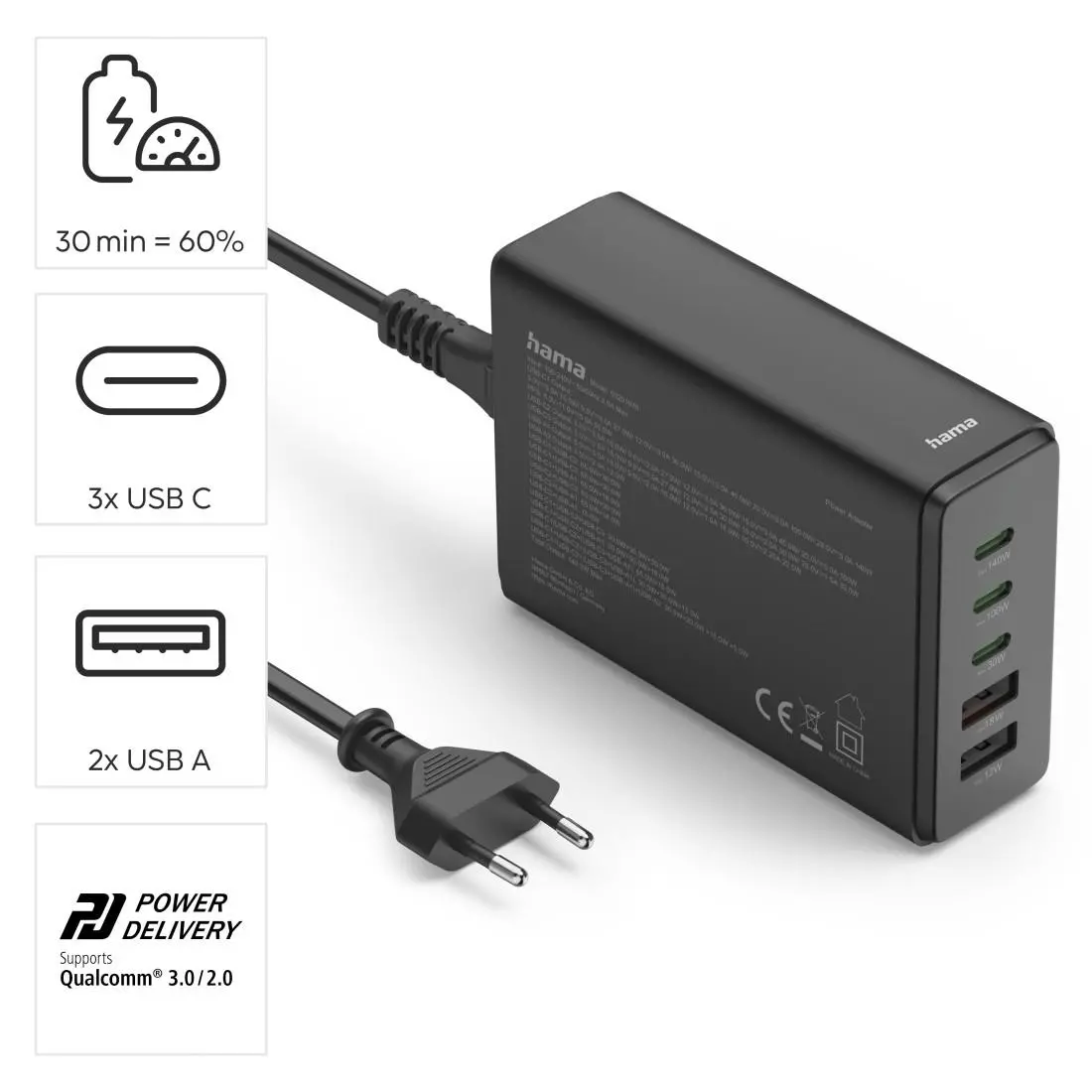 HAMA Зарядна станция 140 W, GaN, Fast Charger, 3 x USB-C, 2 x USB-A, PD - image 11