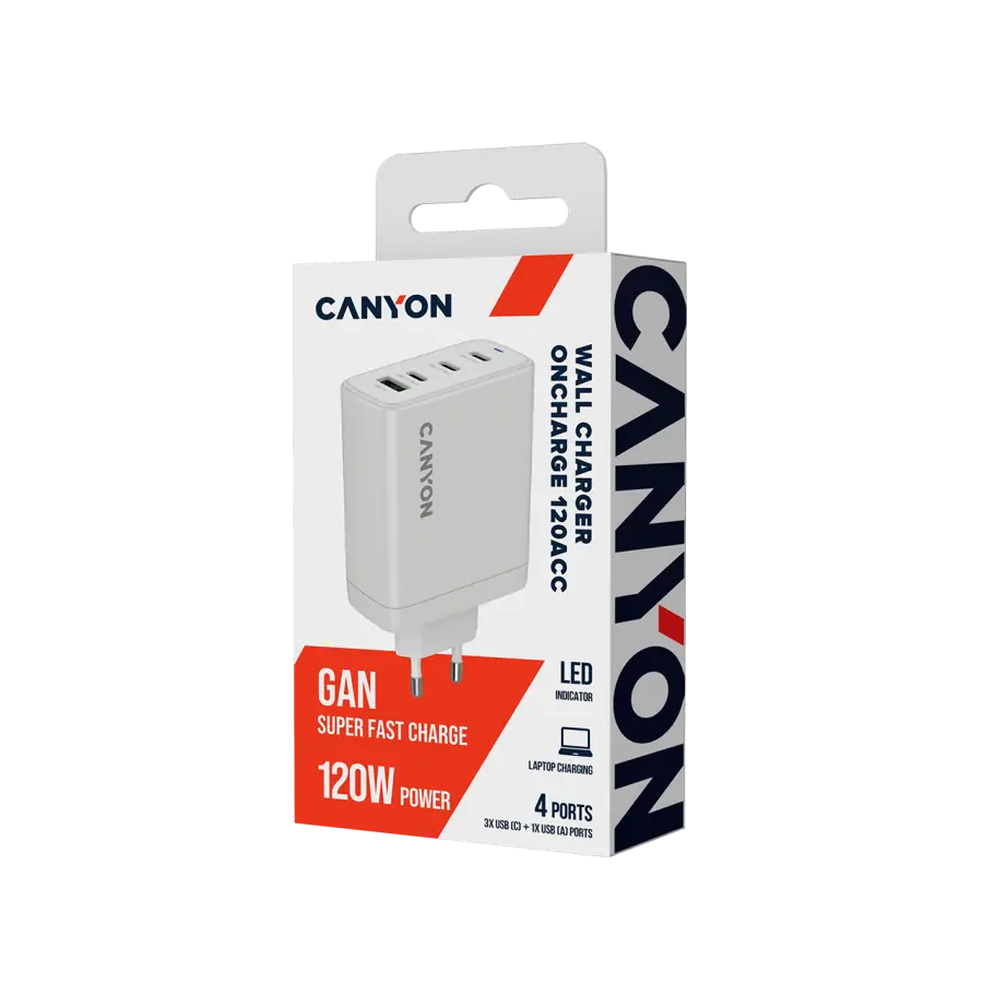 CANYON charger OnCharge 120 GAN Total 120W MAX 3 USB-C +1 USB-A White EU plug - image 6