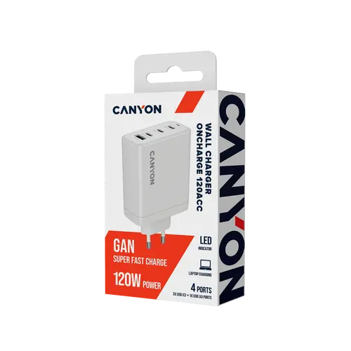 CANYON charger OnCharge 120 GAN Total 120W MAX 3 USB-C +1 USB-A White EU plug - 7