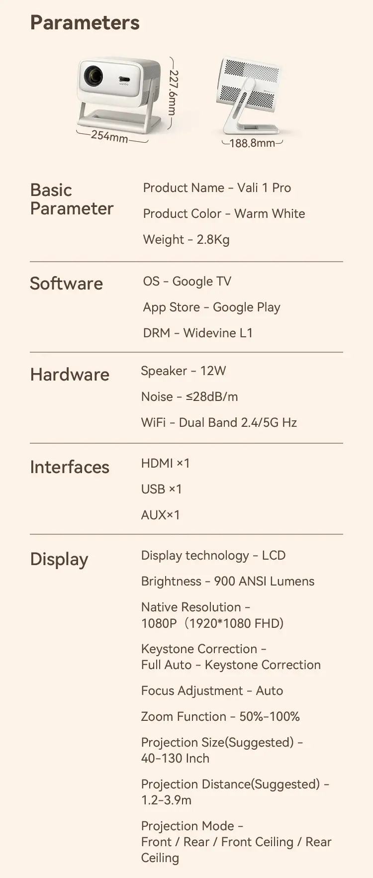 Wanbo преносим смарт проектор Portable Smart Projector - Vali 1 Pro - Warm White, 4K, 900 ANSI, HDR10, Android 14, Dolby Audio - image 24