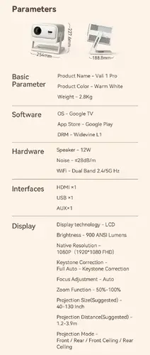 Wanbo преносим смарт проектор Portable Smart Projector - Vali 1 Pro - Warm White, 4K, 900 ANSI, HDR10, Android 14, Dolby Audio - 25