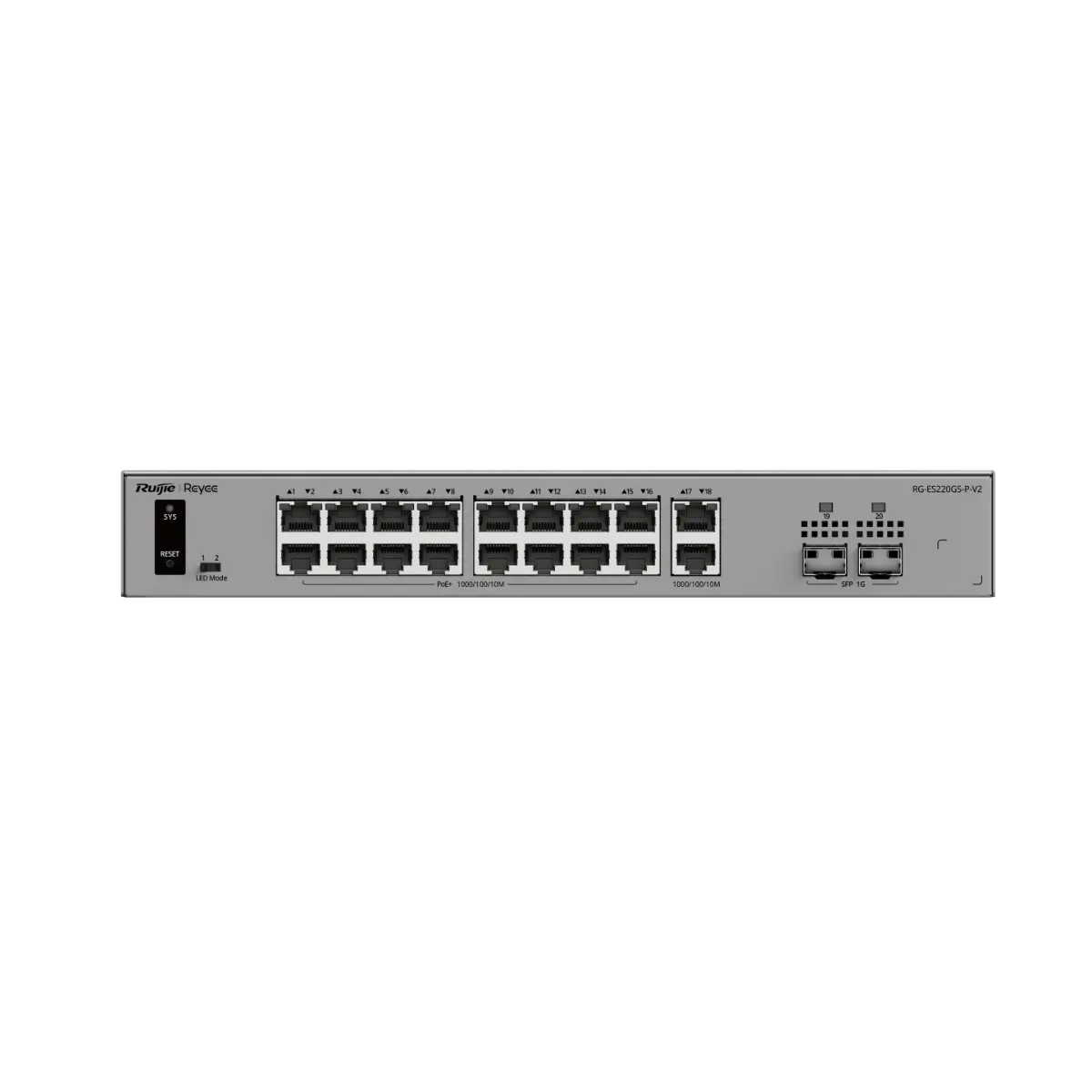 Комутатор Ruijie RG-ES220GS-P-V2, 18xGbE, 2xSFP, 16x PoE+, 250W, до 16 VLAN