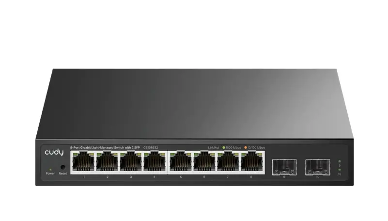 Комутатор, Cudy GS108ES2 8-Port Gigabit Easy-Managed Switch 10/100/1000M RJ45 Ports 2 Gigabit SFP ports Desktop Metal Case Local management via Web GUI support STP/RSTP MAC Management Cudy Cloud APP