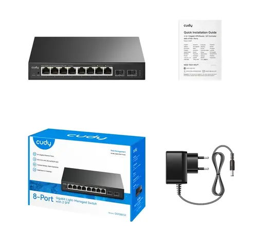 Комутатор, Cudy GS108ES2 8-Port Gigabit Easy-Managed Switch 10/100/1000M RJ45 Ports 2 Gigabit SFP ports Desktop Metal Case Local management via Web GUI support STP/RSTP MAC Management Cudy Cloud APP - 2