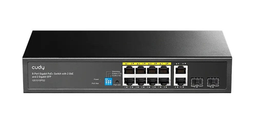 Комутатор, Cudy GS1010PS2 8-Port Gigabit PoE+ Switch with 2 Gigabit Uplink ports and 2 Gigabit SFP slot 120W 8-10/100/1000 BASE-T Gigabit ports, 2-Port 10/100/1000 BASE-T Gigabit Uplink ports, 2-1000 BASE-X SFP Slot, 120W Internal Power Supply